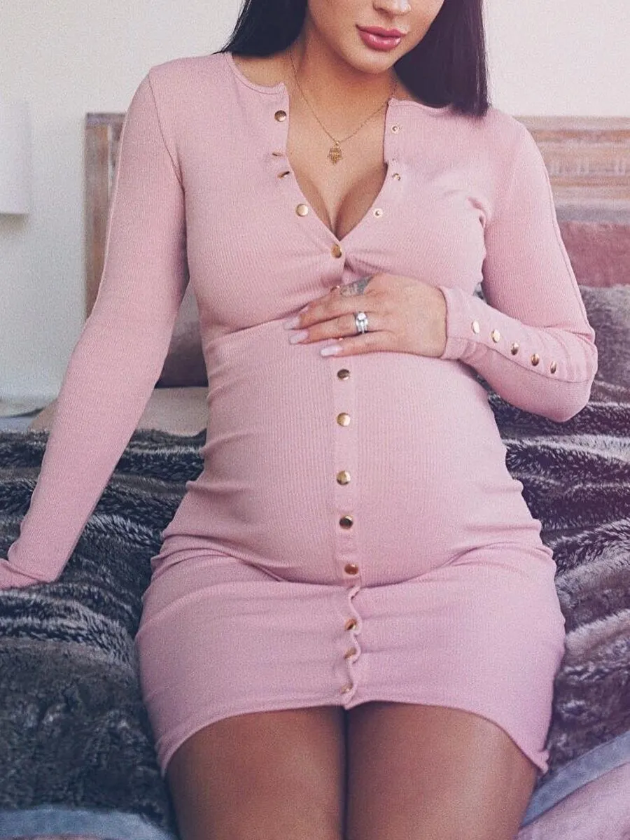 Maternity Dress Sexy Slim Solid Color Long Sleeve Dress