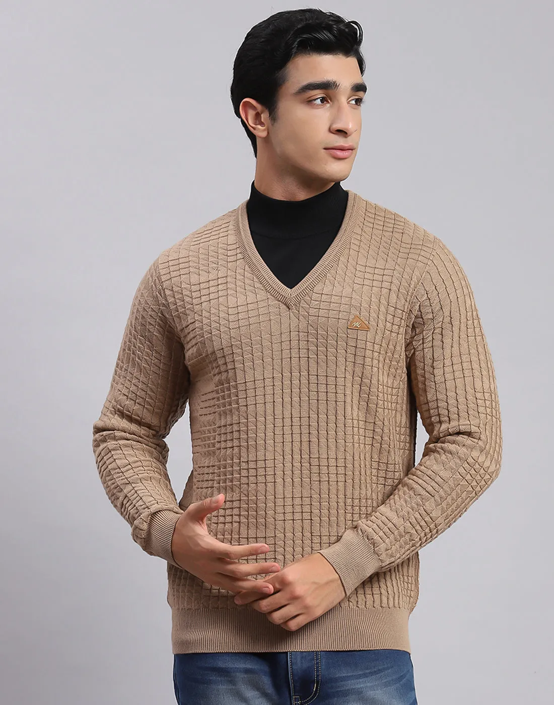 Men Camel Brown Self Design V Neck Full Sleeve Sweaters/Pullovers