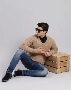 Men Camel Brown Self Design V Neck Full Sleeve Sweaters/Pullovers
