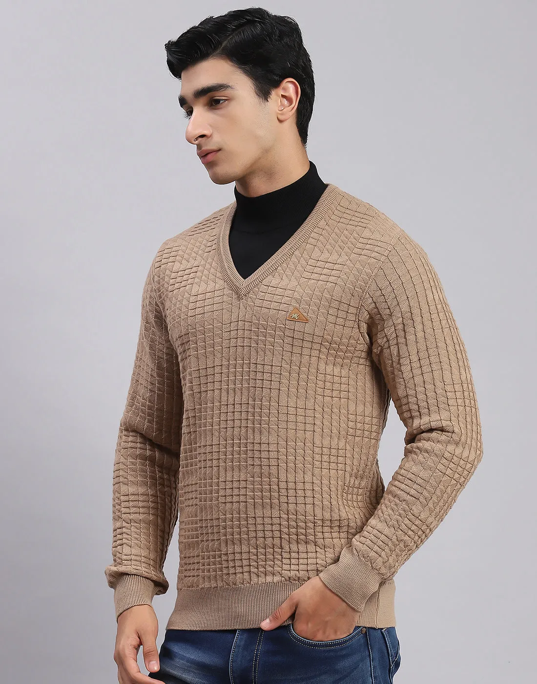 Men Camel Brown Self Design V Neck Full Sleeve Sweaters/Pullovers