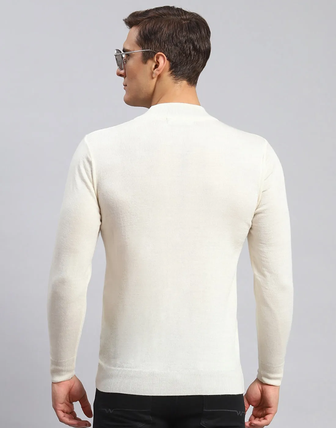 Men Cream Solid High Neck Full Sleeve Pullover