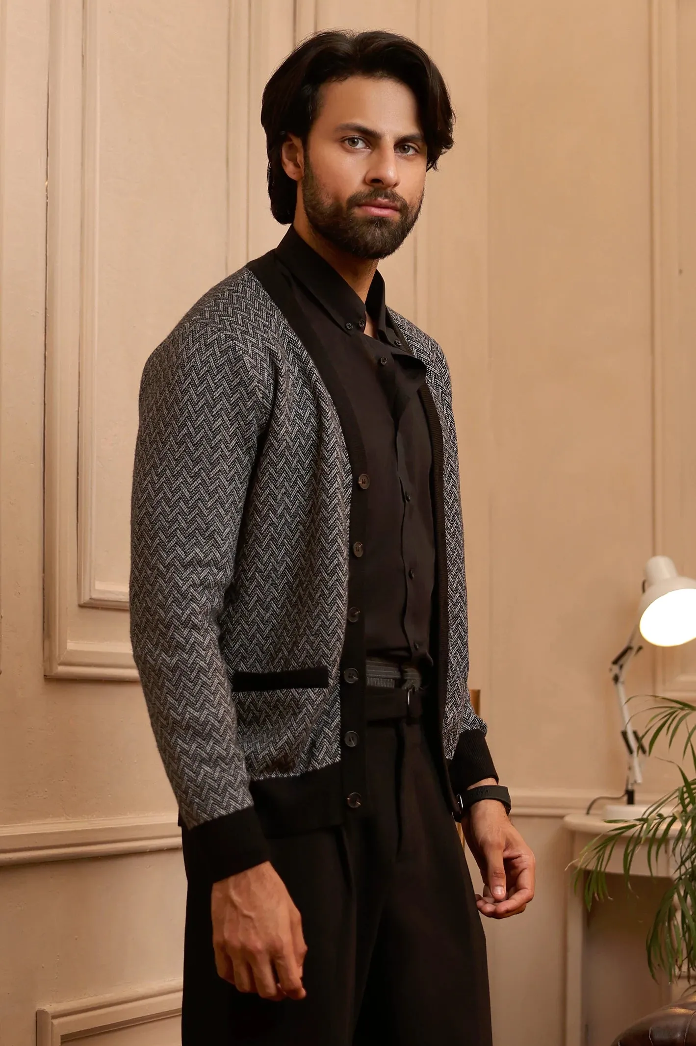 Men Full Sleeves Black Cardigan