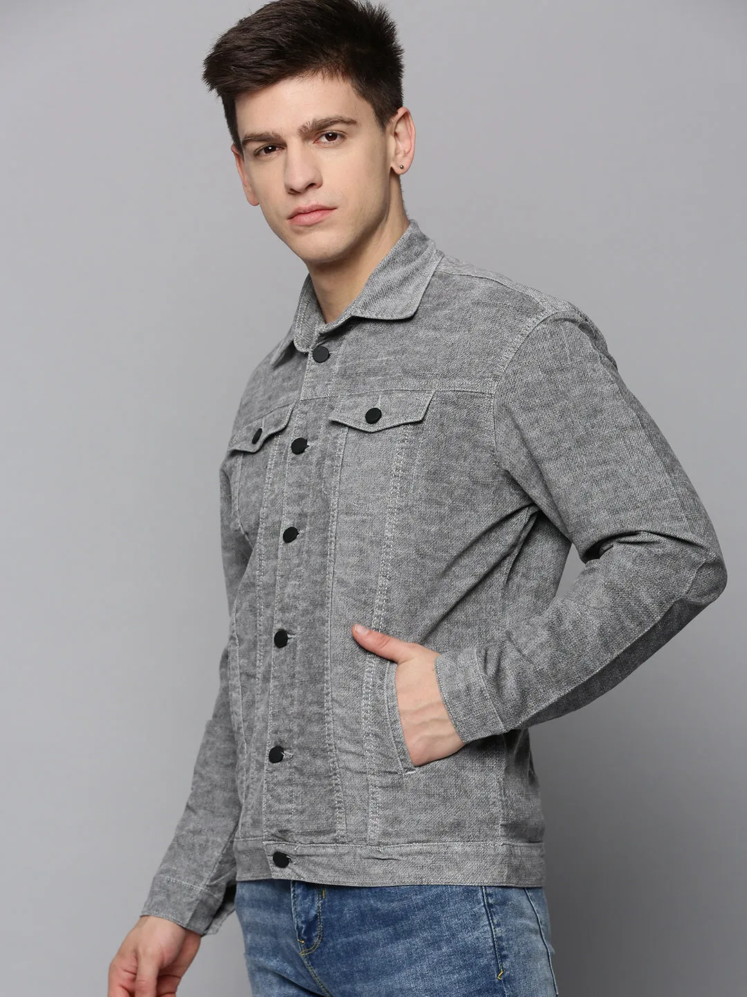 Men Grey Solid Western Jacket