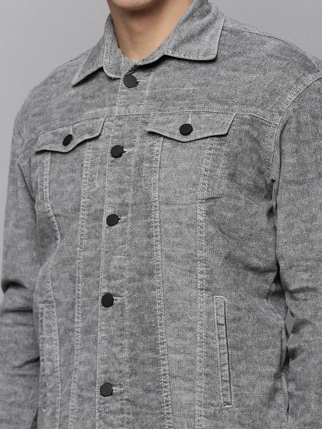 Men Grey Solid Western Jacket