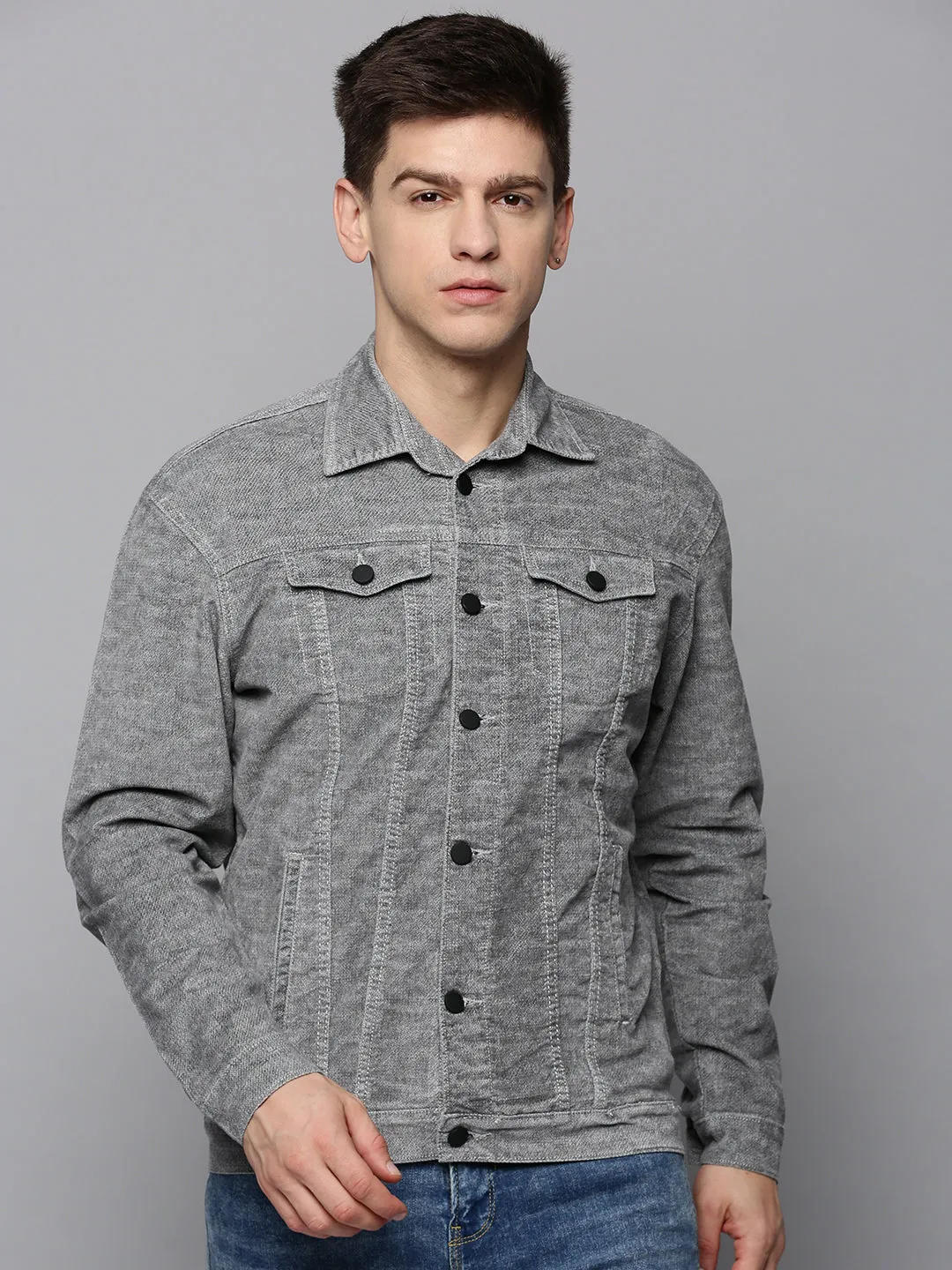 Men Grey Solid Western Jacket