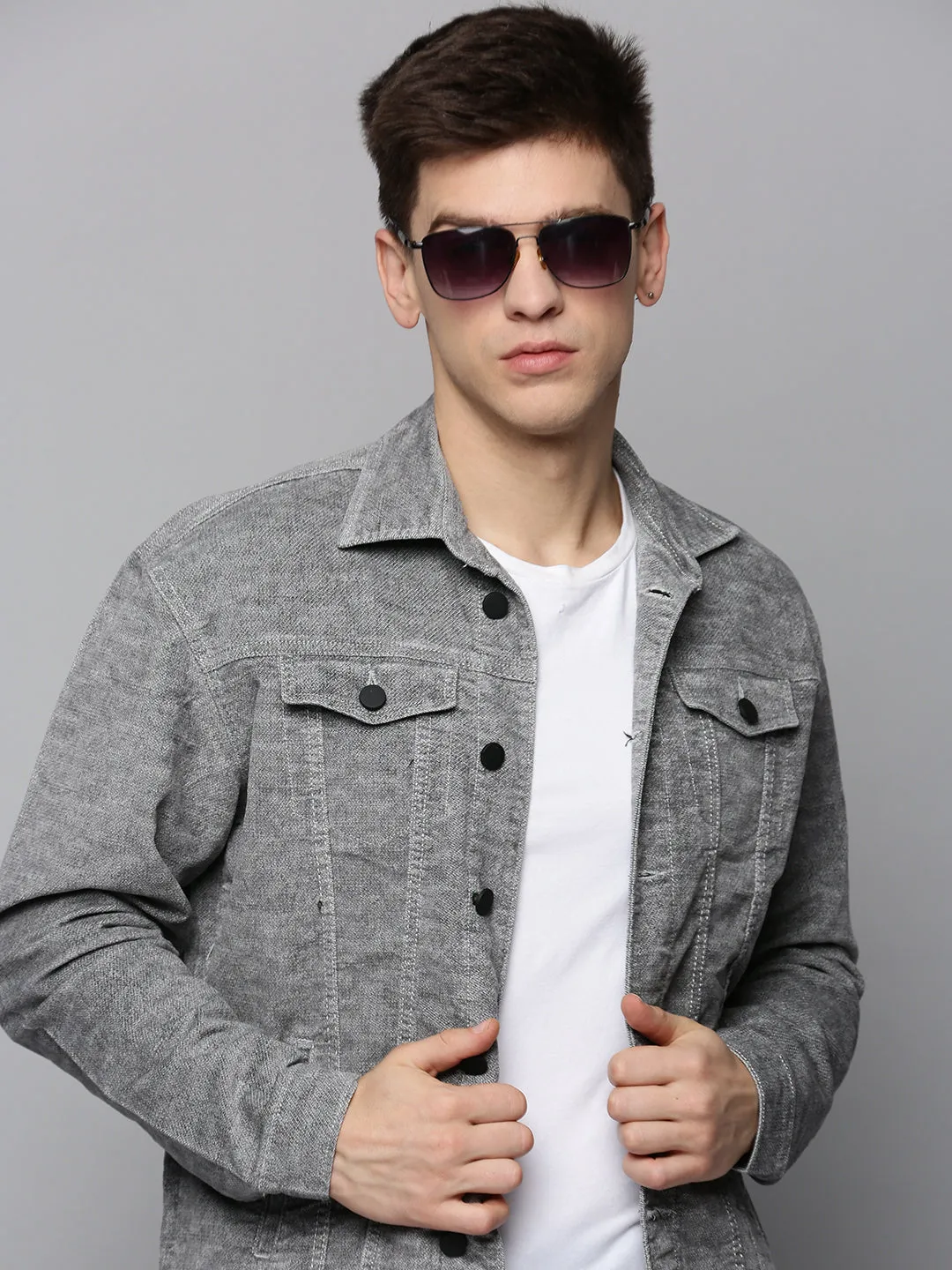 Men Grey Solid Western Jacket