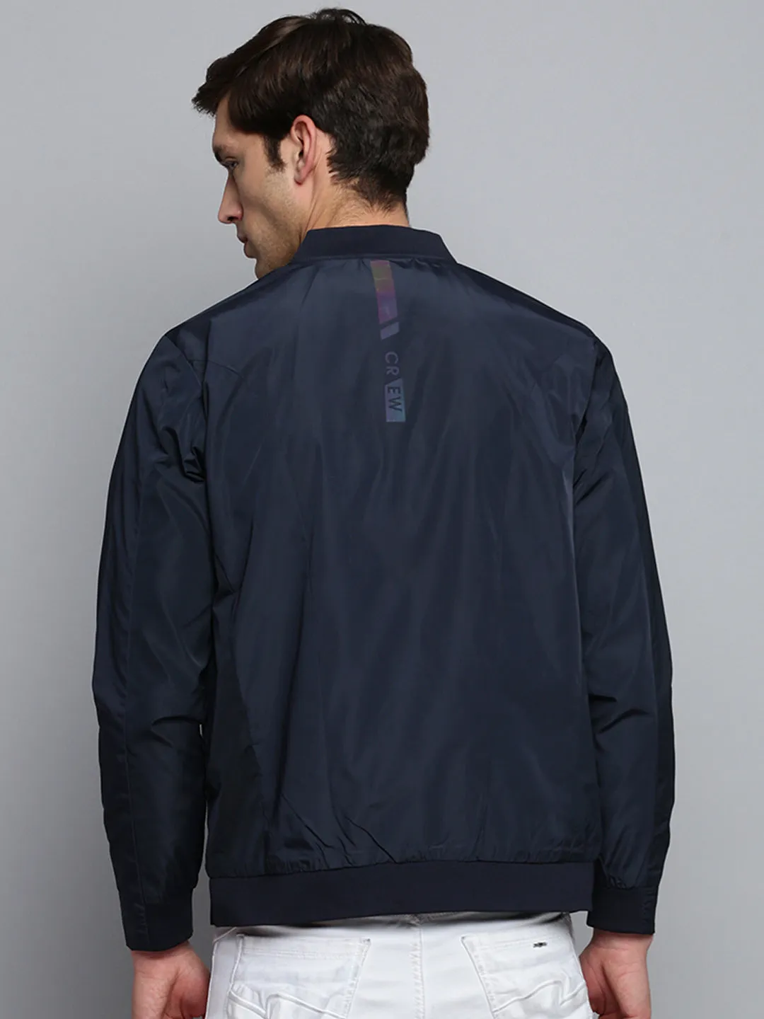 Men Mandarin Collar Solid Navy Blue Open Front Jacket