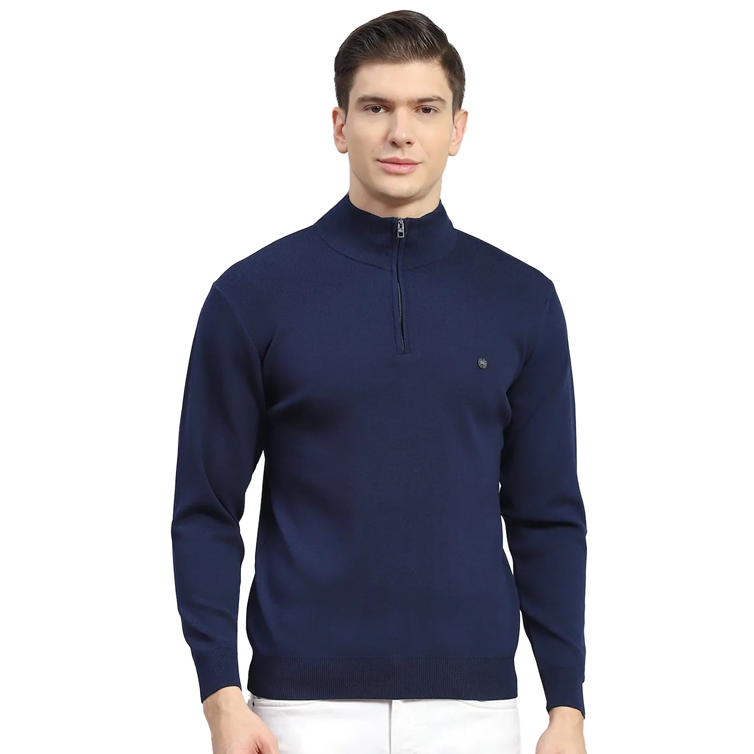 Men Navy Blue Solid H Neck Full Sleeve Sweater