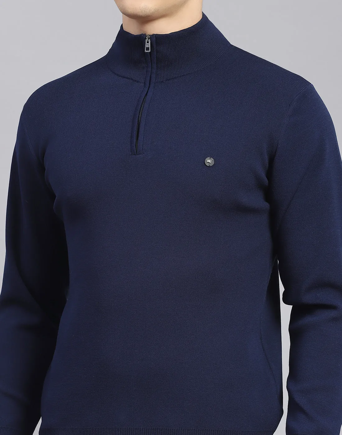Men Navy Blue Solid H Neck Full Sleeve Sweater