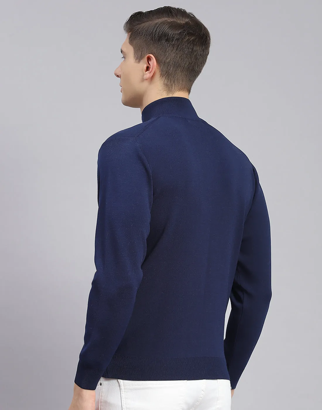 Men Navy Blue Solid H Neck Full Sleeve Sweater