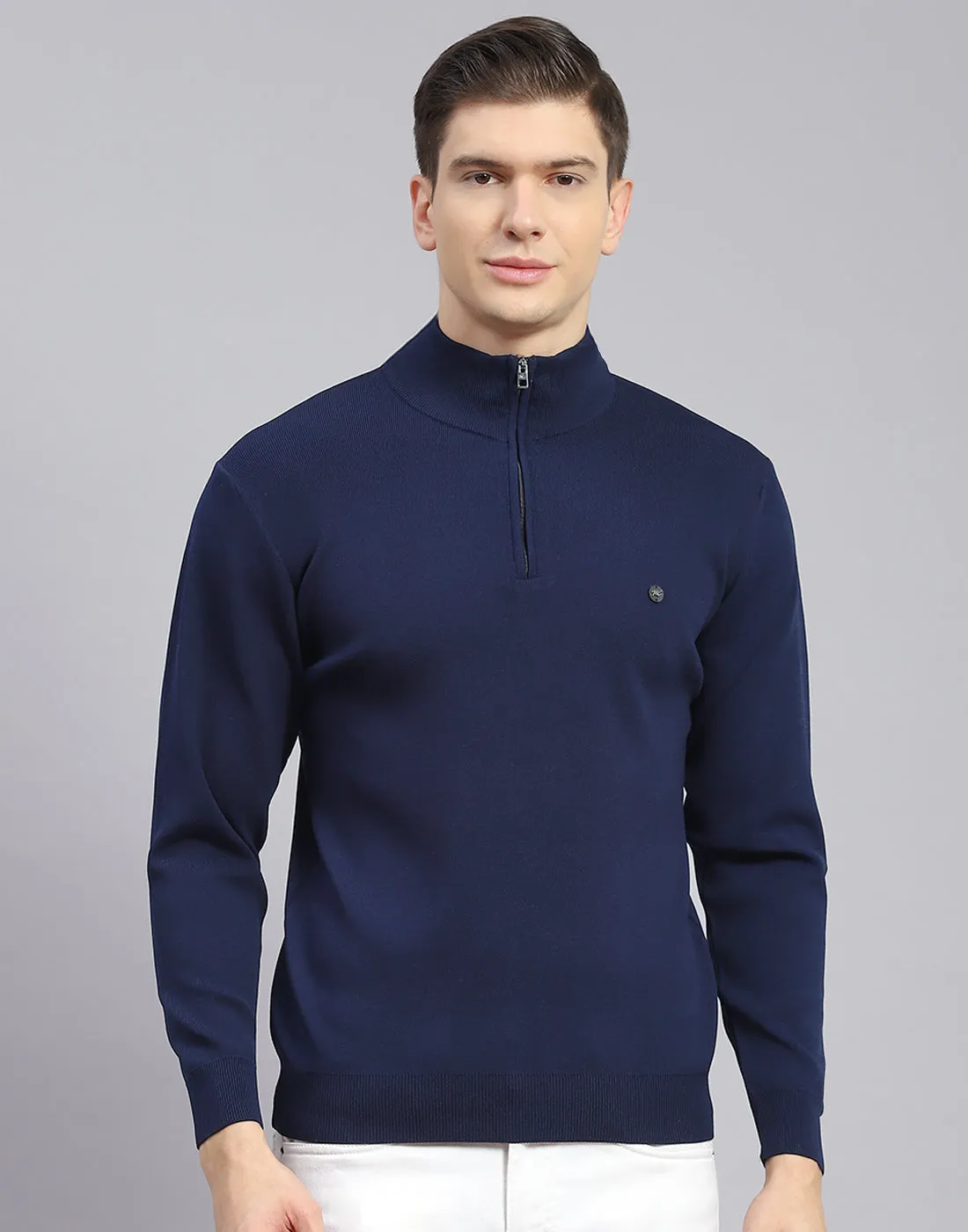 Men Navy Blue Solid H Neck Full Sleeve Sweater