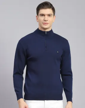 Men Navy Blue Solid H Neck Full Sleeve Sweater