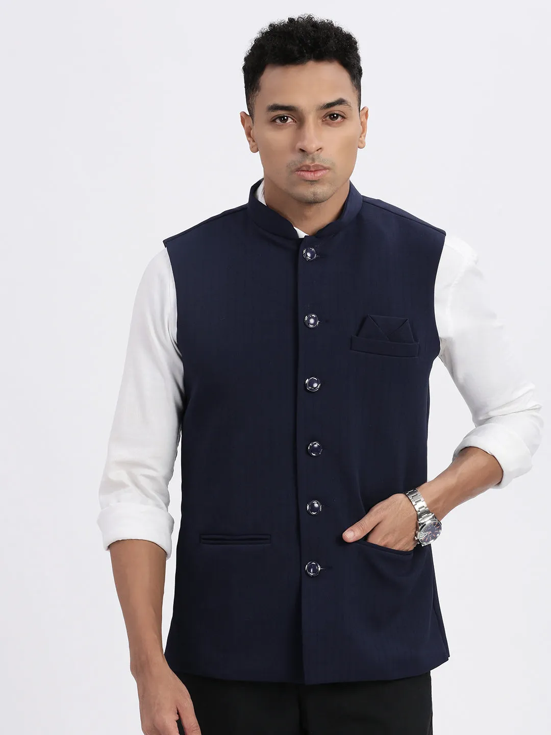 Men Navy Blue Solid Nehru Jacket