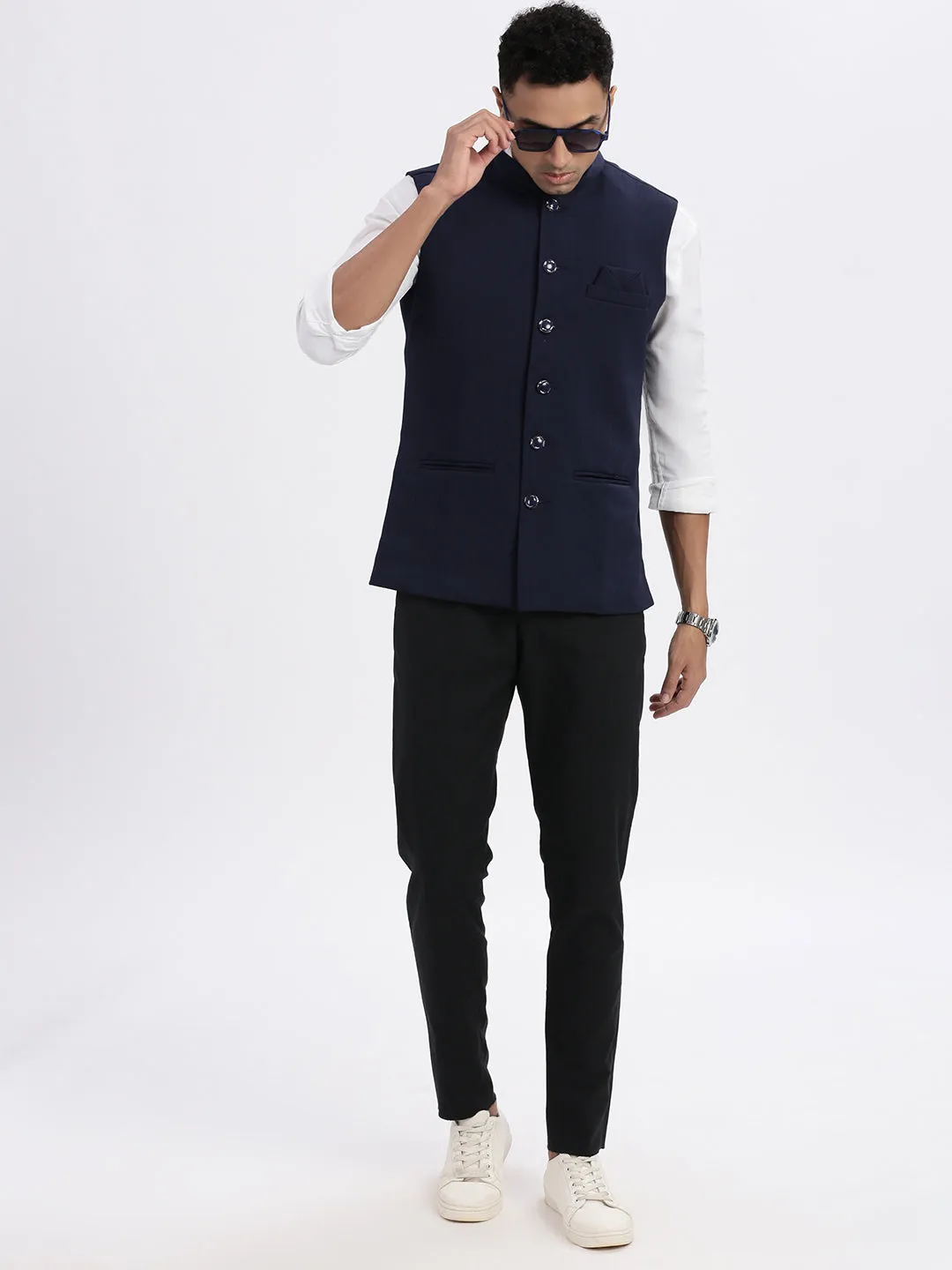 Men Navy Blue Solid Nehru Jacket