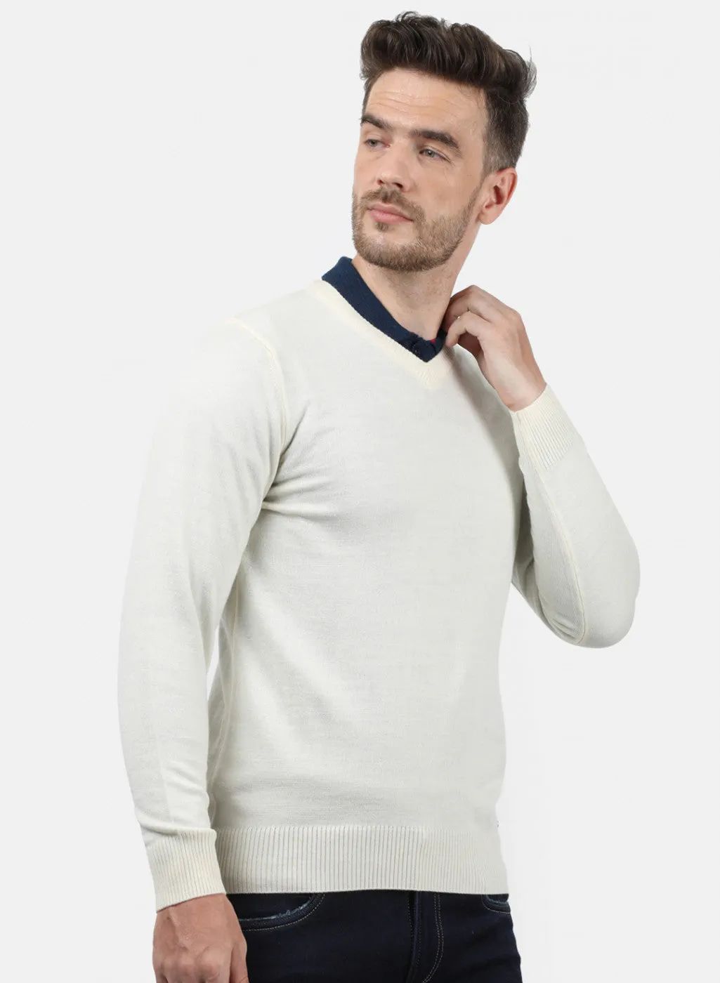 Men Off White Solid Pullover