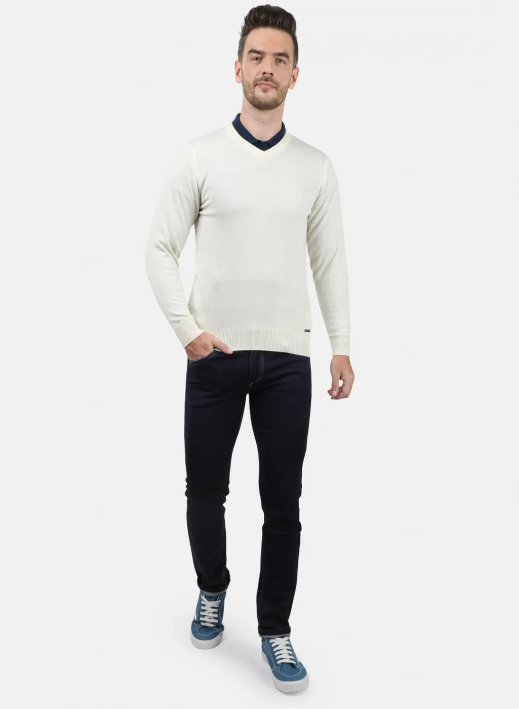 Men Off White Solid Pullover