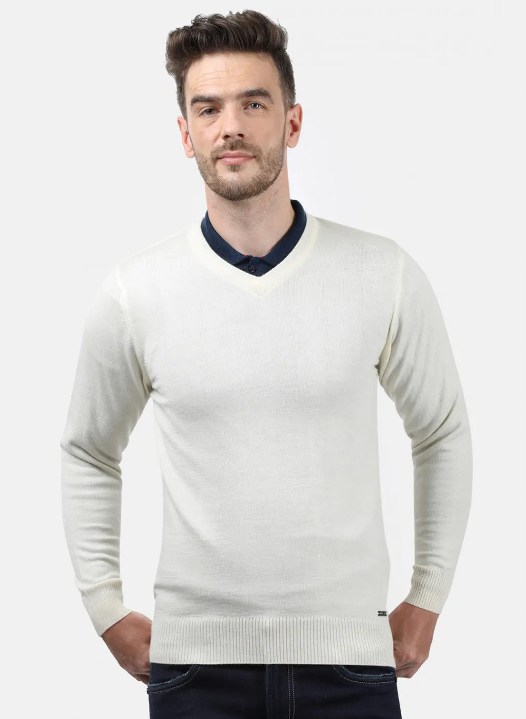 Men Off White Solid Pullover