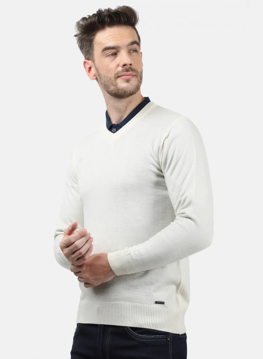 Men Off White Solid Pullover