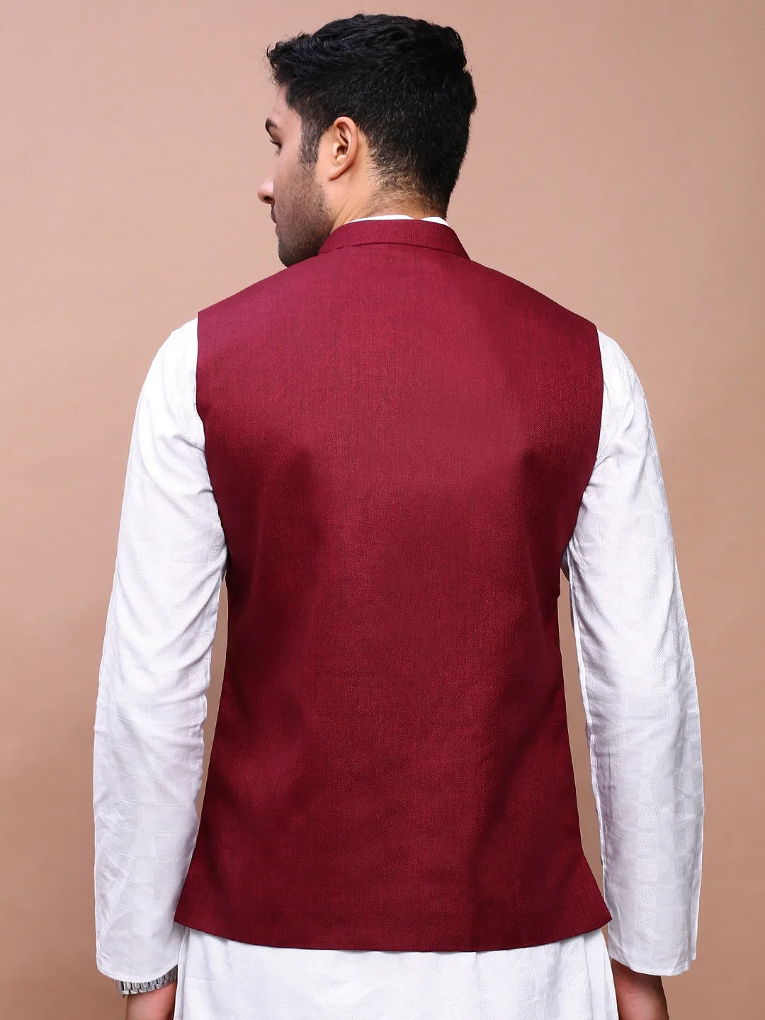 Men Solid Burgundy Slim Fit Nehru Jacket