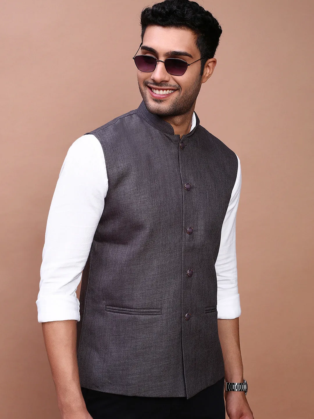 Men Solid Charcoal Slim Fit Nehru Jacket