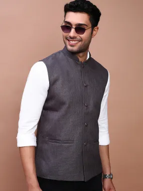 Men Solid Charcoal Slim Fit Nehru Jacket