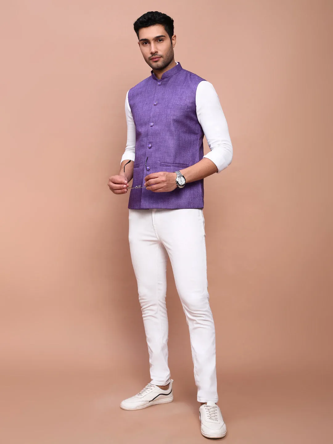 Men Solid Purple Slim Fit Nehru Jacket