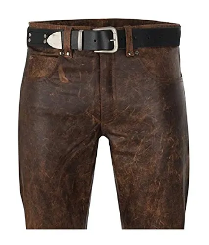 Mens 5 Pocket Antique Brown Leather Jeans Pant