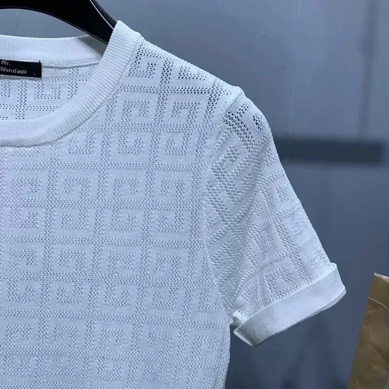 Men's Jacquard Hollow Ice Silk T-shirt Half Sleeve
