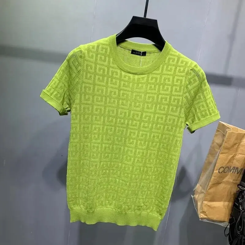Men's Jacquard Hollow Ice Silk T-shirt Half Sleeve