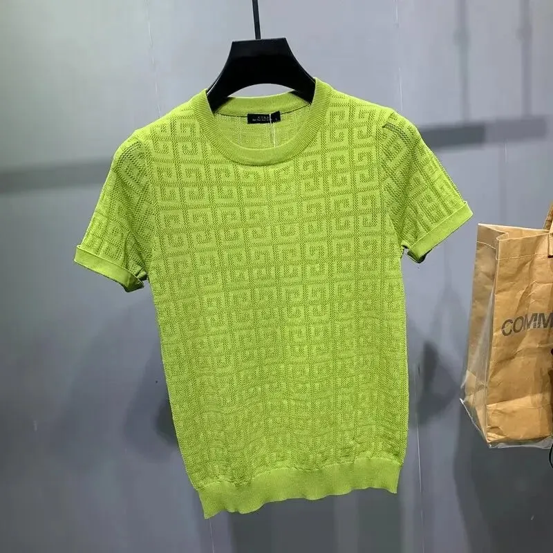 Men's Jacquard Hollow Ice Silk T-shirt Half Sleeve