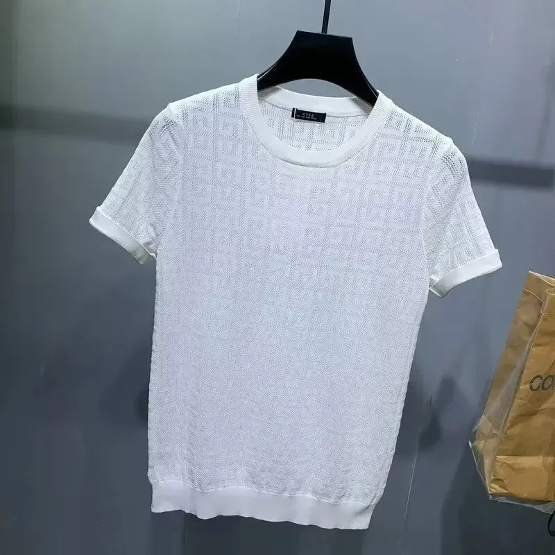 Men's Jacquard Hollow Ice Silk T-shirt Half Sleeve