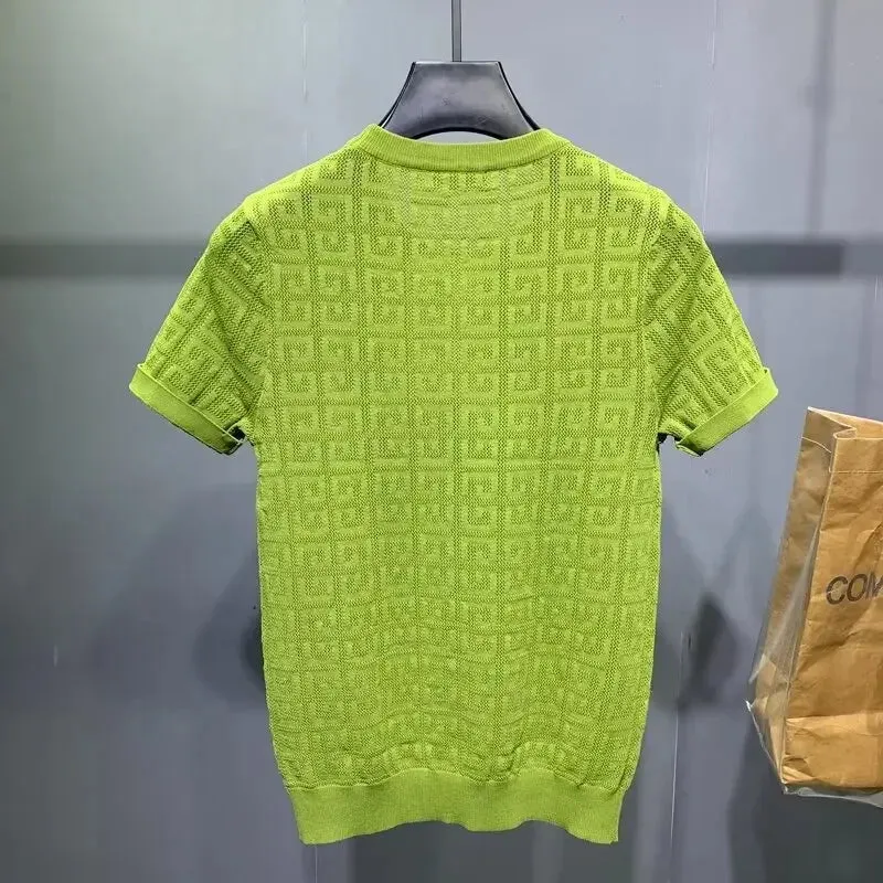 Men's Jacquard Hollow Ice Silk T-shirt Half Sleeve