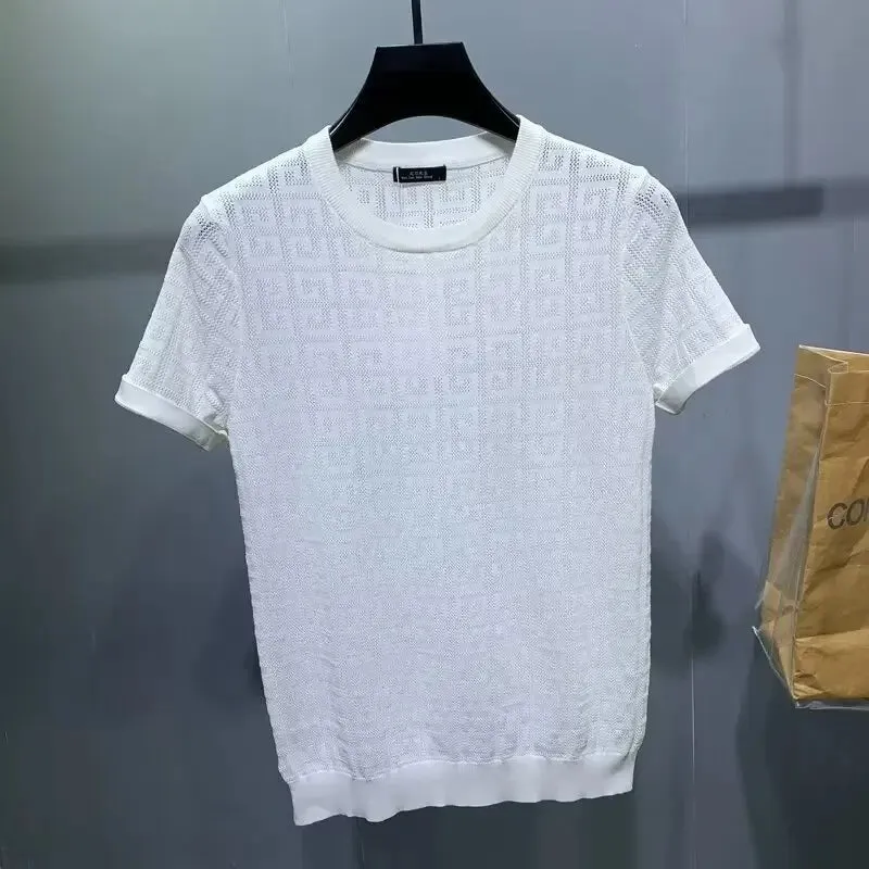 Men's Jacquard Hollow Ice Silk T-shirt Half Sleeve