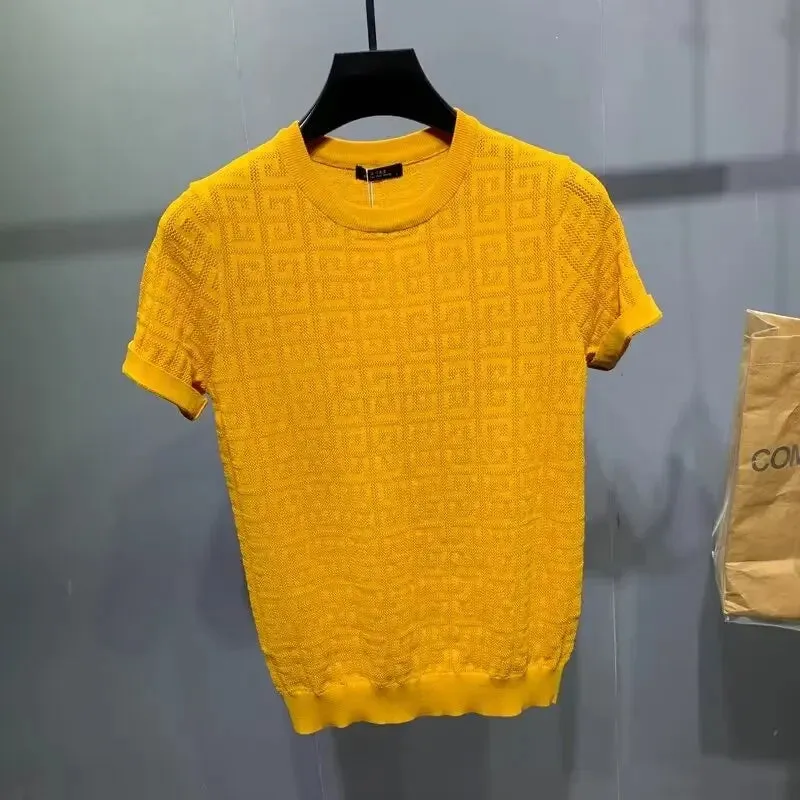 Men's Jacquard Hollow Ice Silk T-shirt Half Sleeve