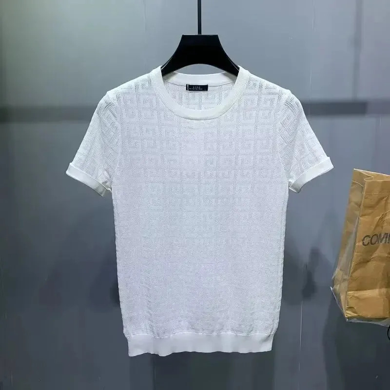 Men's Jacquard Hollow Ice Silk T-shirt Half Sleeve