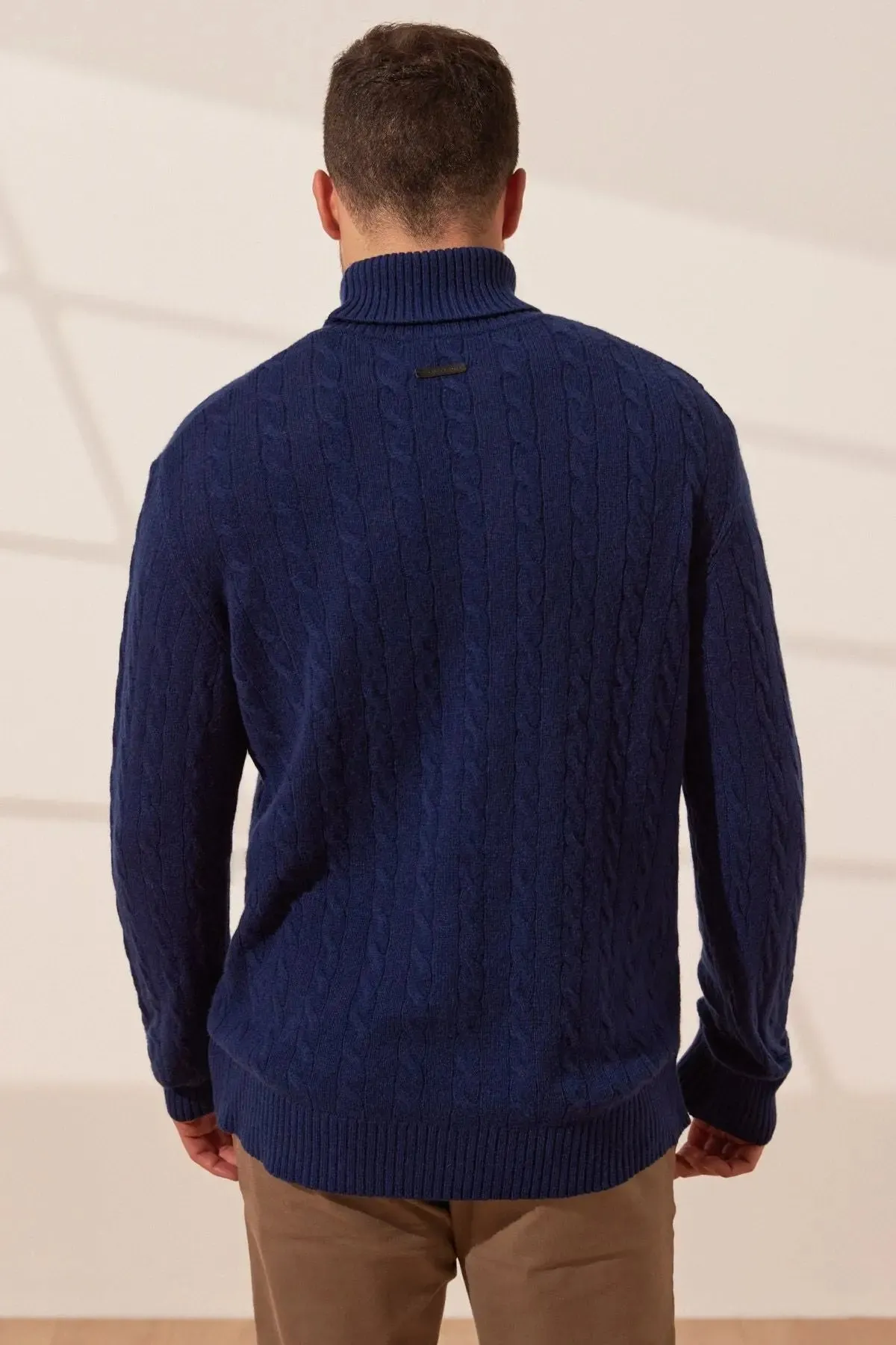 Navy Blue Amerigo Australian Wool Cashmere Hair Braided Turtleneck Long Sleeve Men's Sweater