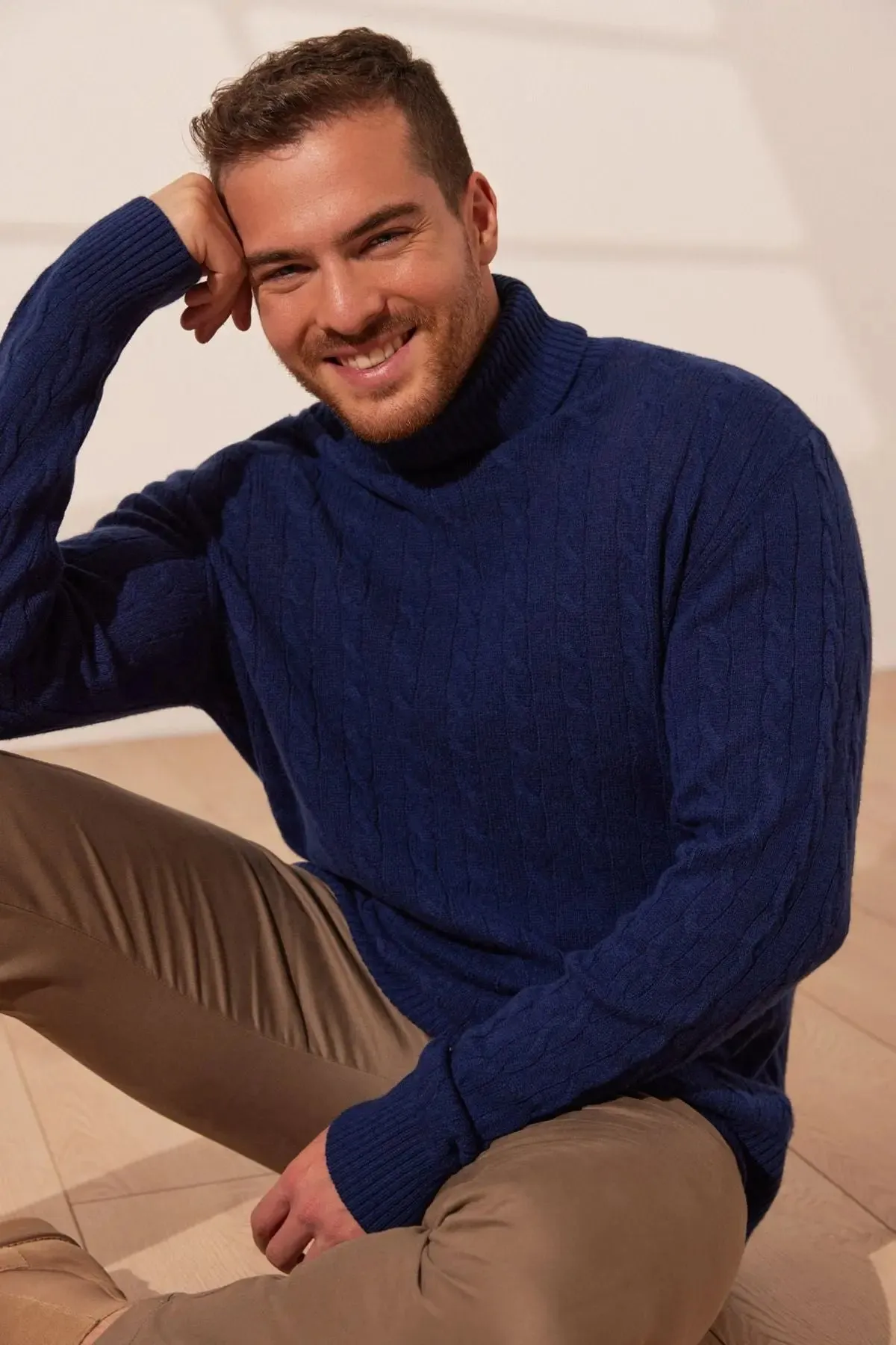 Navy Blue Amerigo Australian Wool Cashmere Hair Braided Turtleneck Long Sleeve Men's Sweater