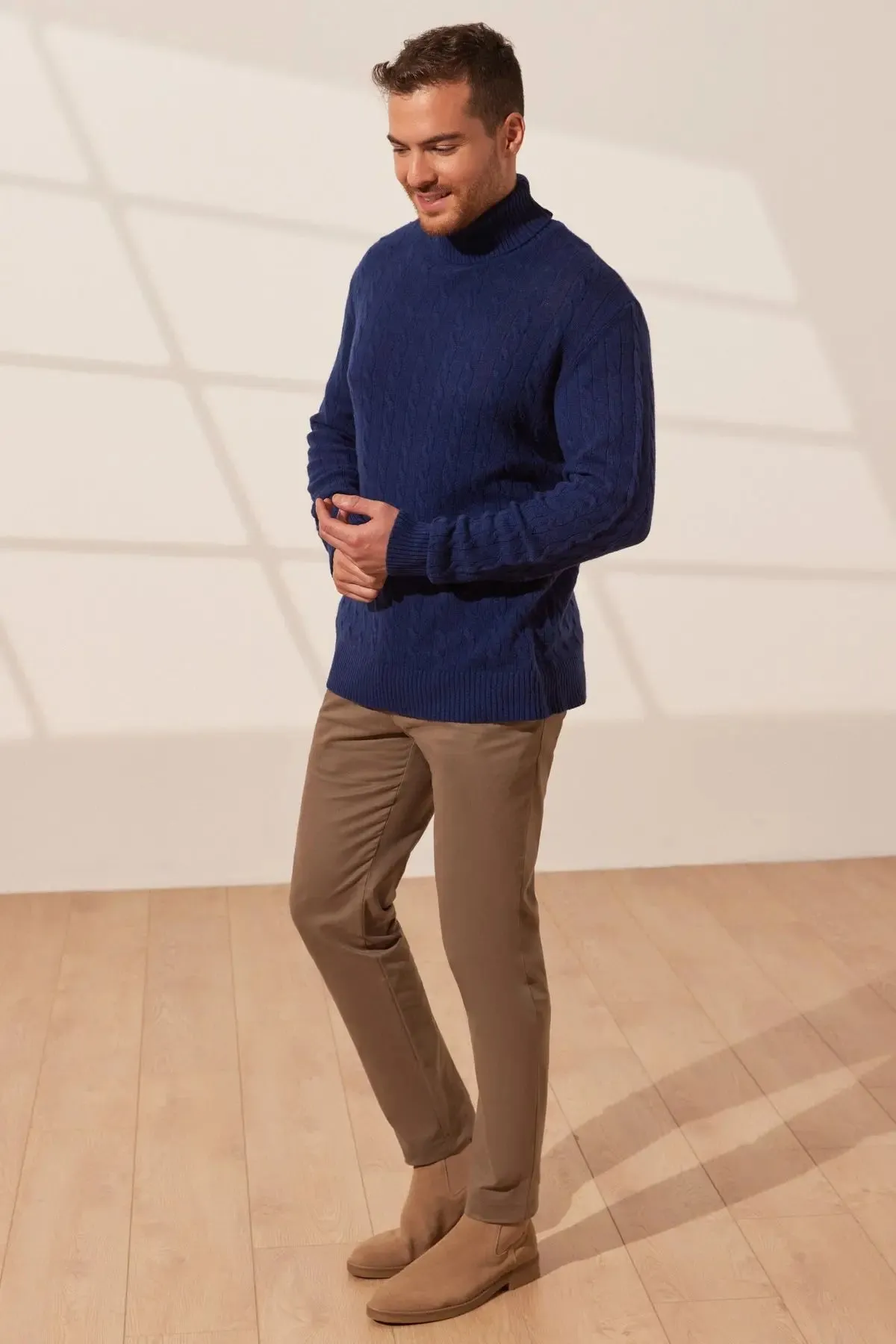 Navy Blue Amerigo Australian Wool Cashmere Hair Braided Turtleneck Long Sleeve Men's Sweater