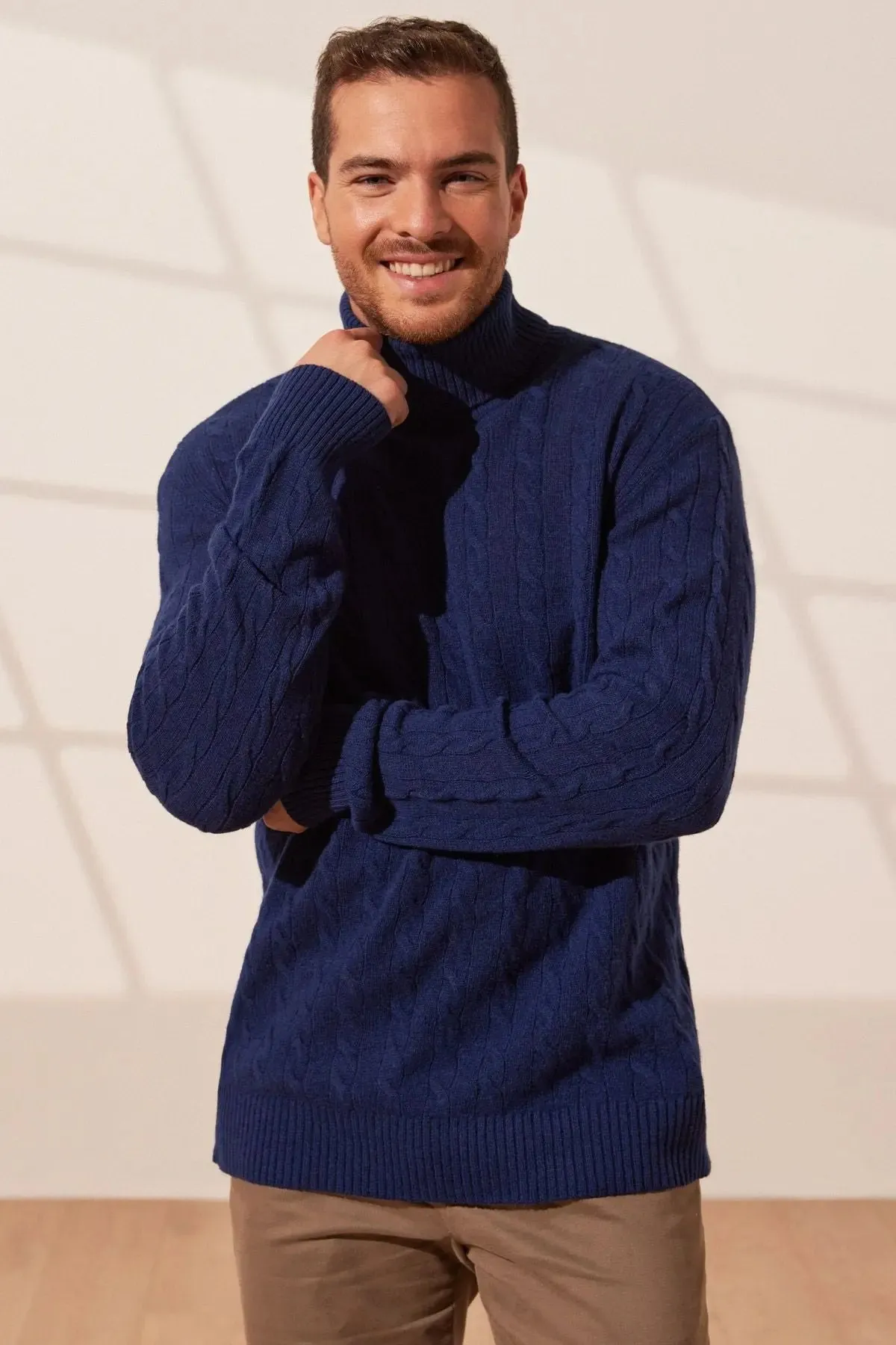 Navy Blue Amerigo Australian Wool Cashmere Hair Braided Turtleneck Long Sleeve Men's Sweater