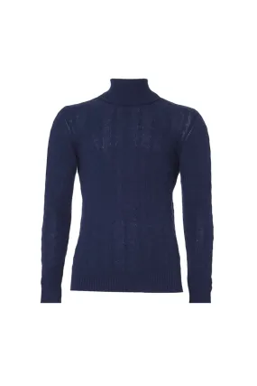 Navy Blue Amerigo Australian Wool Cashmere Hair Braided Turtleneck Long Sleeve Men's Sweater