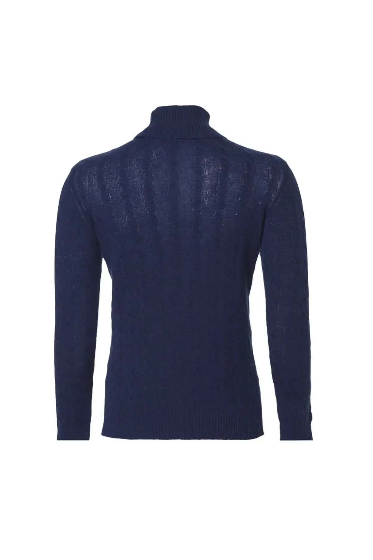 Navy Blue Amerigo Australian Wool Cashmere Hair Braided Turtleneck Long Sleeve Men's Sweater
