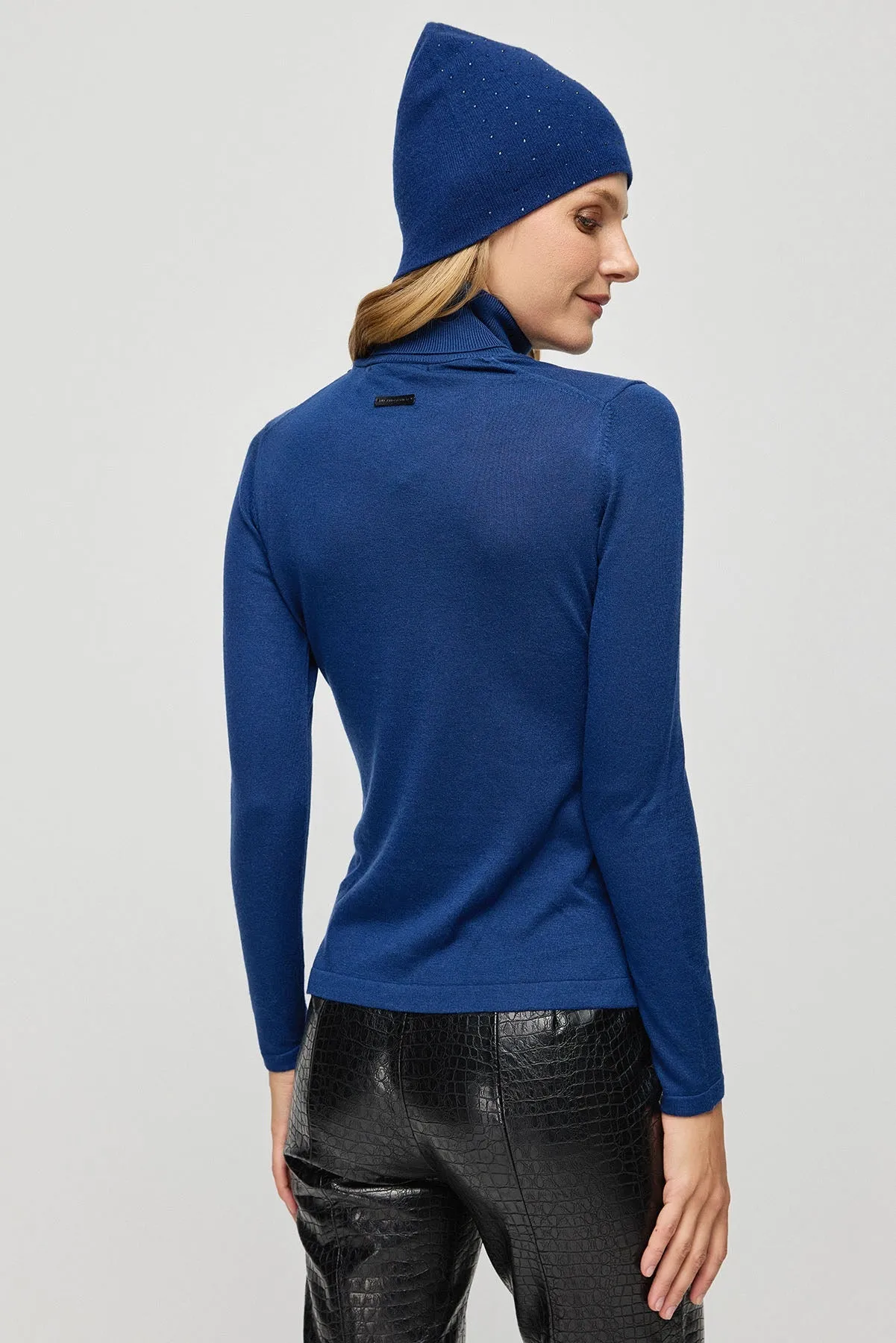 Navy Blue Silk Cashmere Aleyna Turtleneck Long Sleeve Women's Knitwear