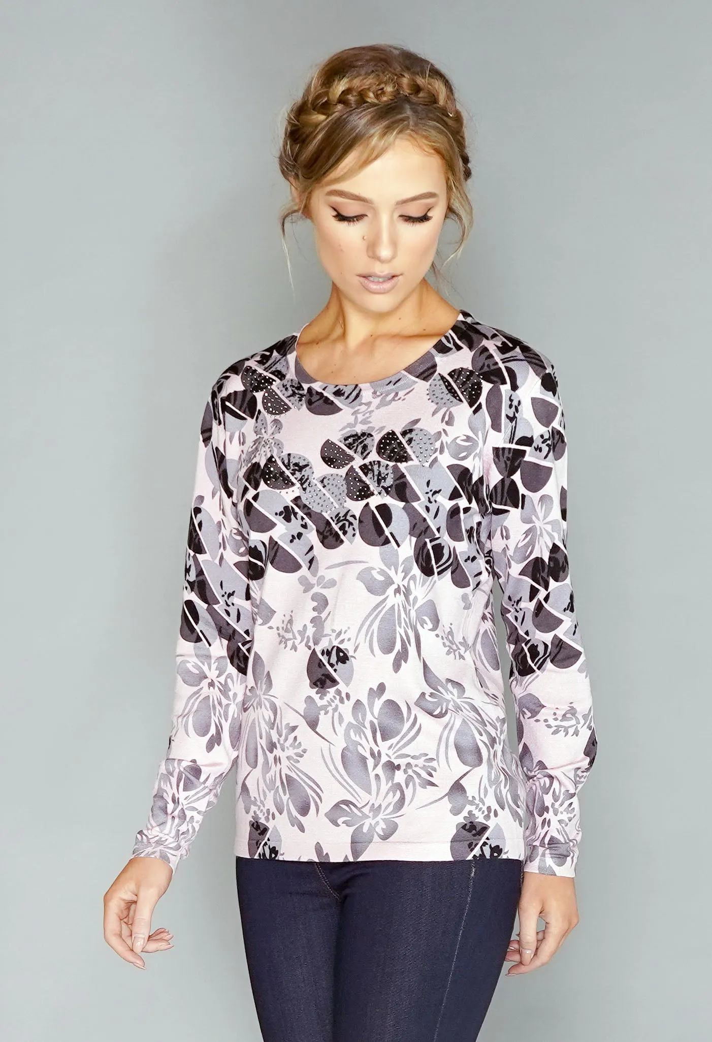 Pink Floral Print Pullover with Diamonte Detail