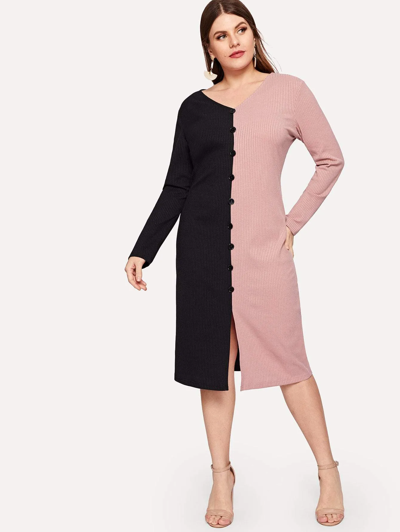Plus Two Tone Button Detail Knit Dress