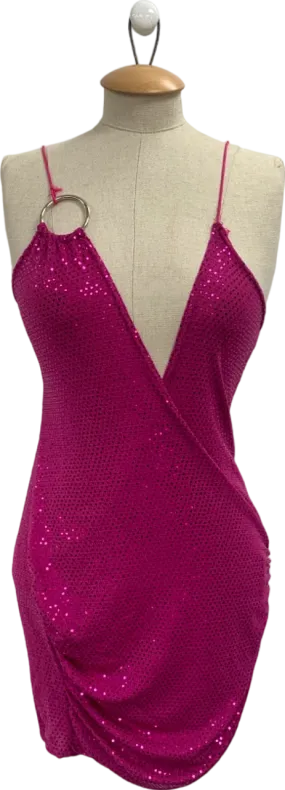Pretty Little Thing Pink Textured Glitter Ring Detail Extreme Plunge Bodycon Dress UK 8