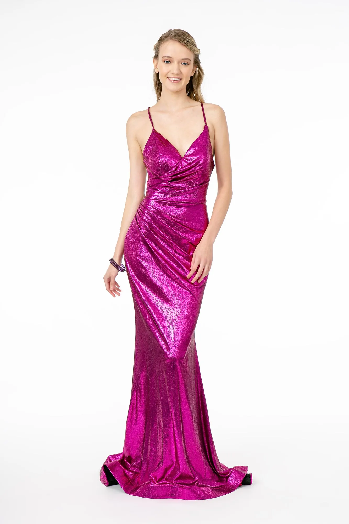 Ruched Metallic Lame V-Neck Mermaid Long Dress Lace Up Back GLGL2943