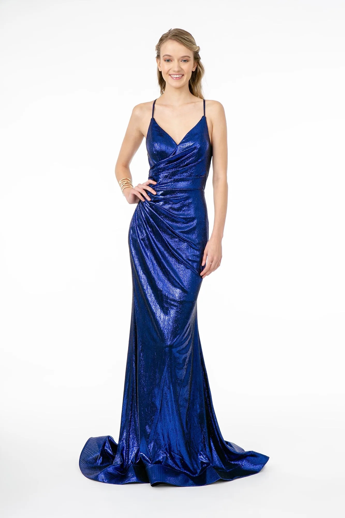 Ruched Metallic Lame V-Neck Mermaid Long Dress Lace Up Back GLGL2943