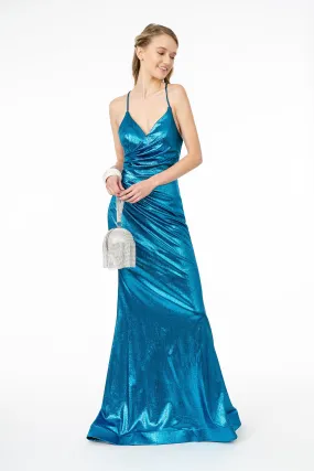 Ruched Metallic Lame V-Neck Mermaid Long Dress Lace Up Back GLGL2943