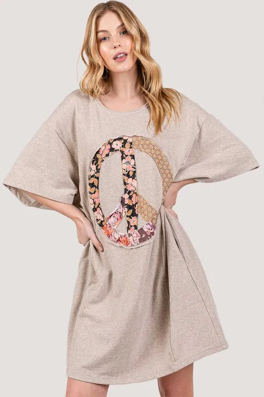 Sage Fig Boyfriend Fit T-shirt Dress with Peace Sign Applique in Oatmeal
