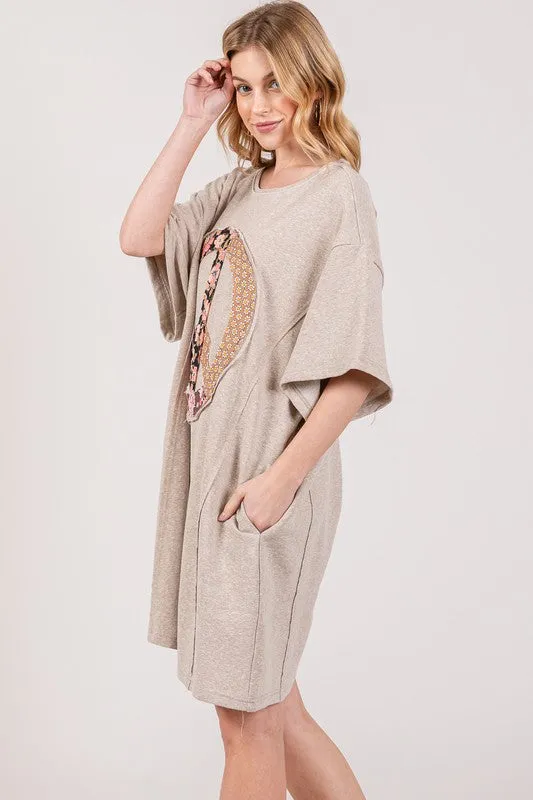 Sage Fig Boyfriend Fit T-shirt Dress with Peace Sign Applique in Oatmeal